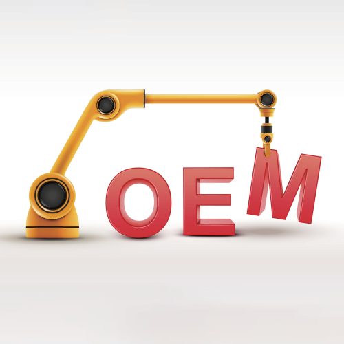 industrial robotic arm building OEM word on white background